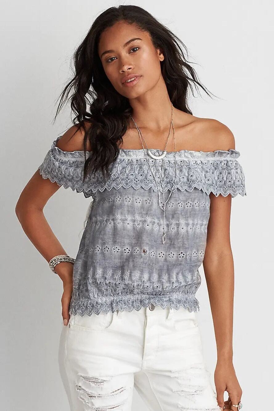 American Eagle Cotton Dusty Blue Off Shoulder Eyelet Blouse S Cottagecore Boho